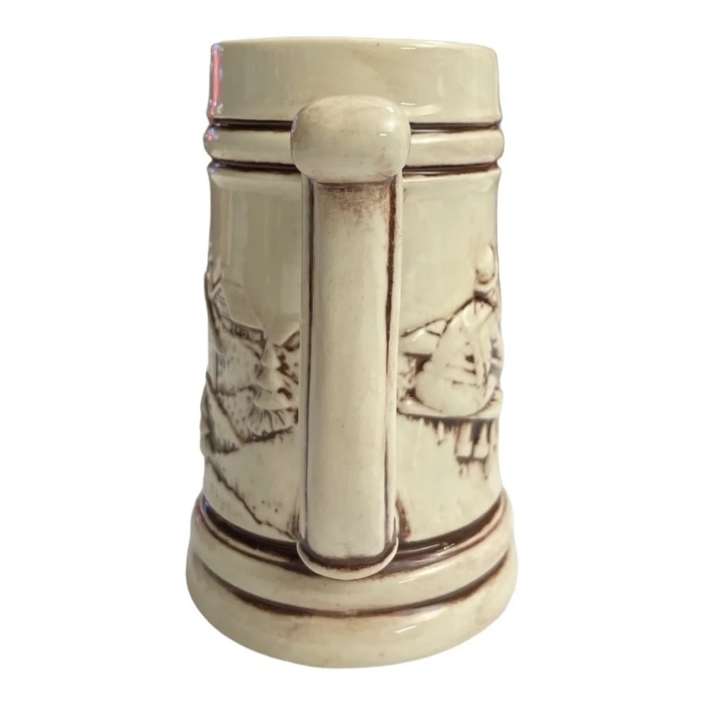 Vintage Ceramic Beer Mug Stein Brown Pine Tree And Cabin, No Chips Or Cracks
